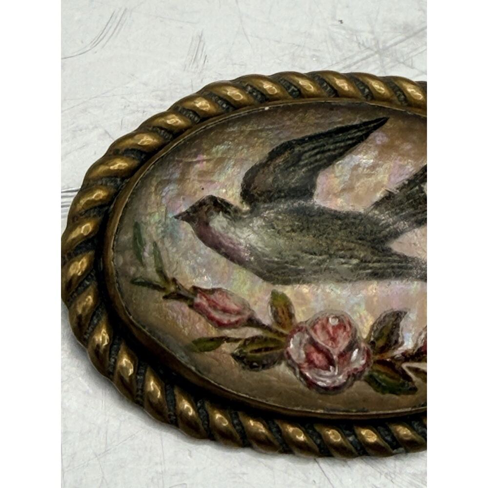 1900's Victorian Reverse Painted Swallow Bird Lapel Pin Brooch Bubble Glass Pink - Picture 8 of 11